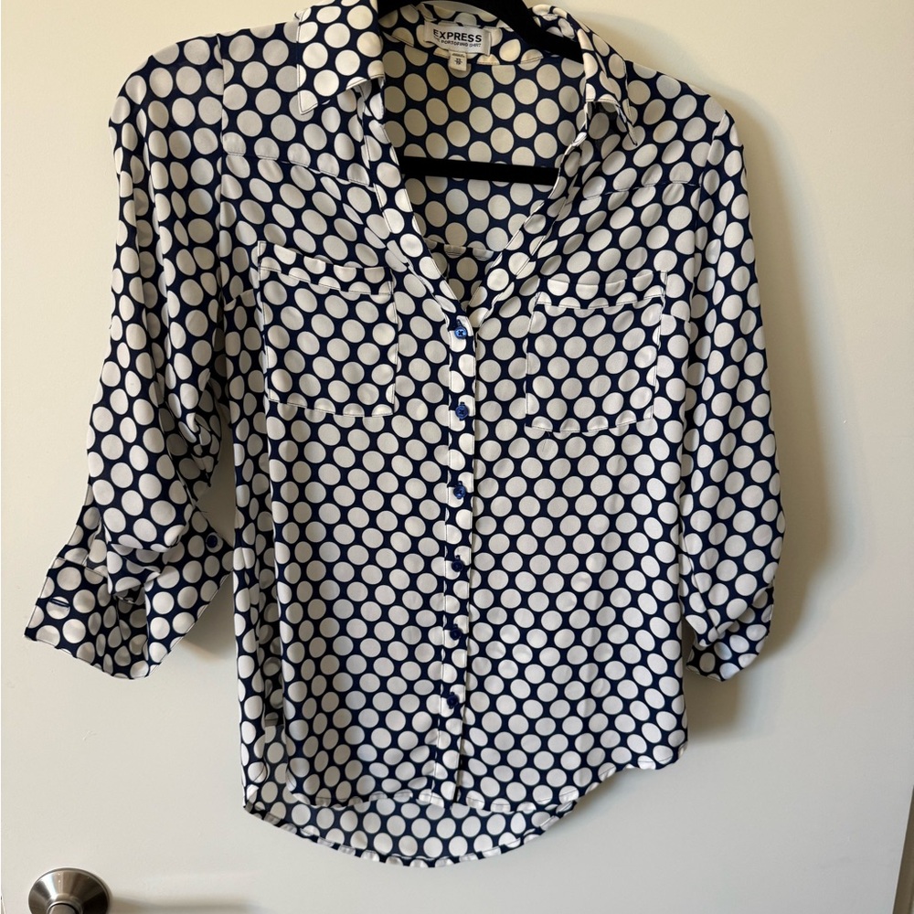 Express Women's Navy and White Polka Dot Portofino Shirt
